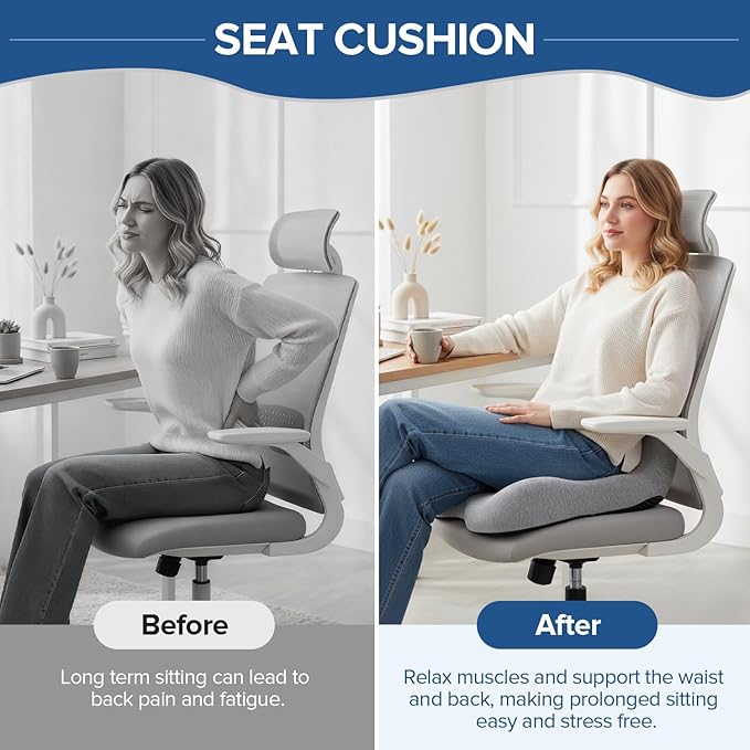 Urban Deco Memory Foam Seat Cushion, Office Chair Seat Cushion with L-Shaped Design, Ergonomic Back and Seat Pad Cushion for Car, Driving, Office, Grey