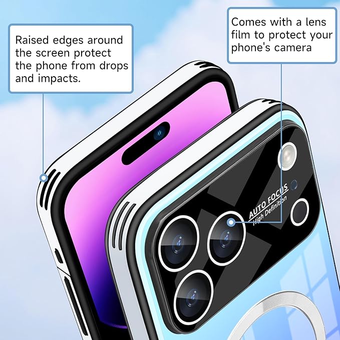 Guppy Compatible with iPhone 17 Pro Max Magnetic Case, with Full Camera Lens Protector [Compatible with MagSafe] Scratch Resistant Gradient Glass Back Cover Phone Case-Blue