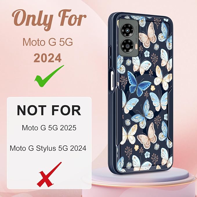 for Moto G 5G 2024 Case - Compatible with MagSafe Women Girls Cute Magnetic Protective Phone Cover Kawaii Girly Blue Butterfly Heavy Duty Shockproof Design for Motorola Moto G 5G 2024 Cases