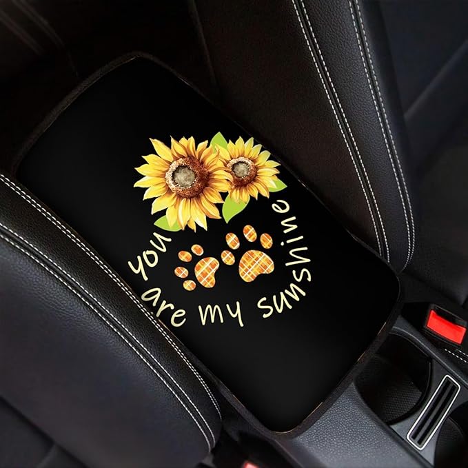 UNICEU Sunflower Dog Paw Car Center Console Cover for Most Vehicle SUV Truck Easy to Install Auto Armrest Seat Storage Box Mat Dust Proof Scratch Proof Auto Interior Set