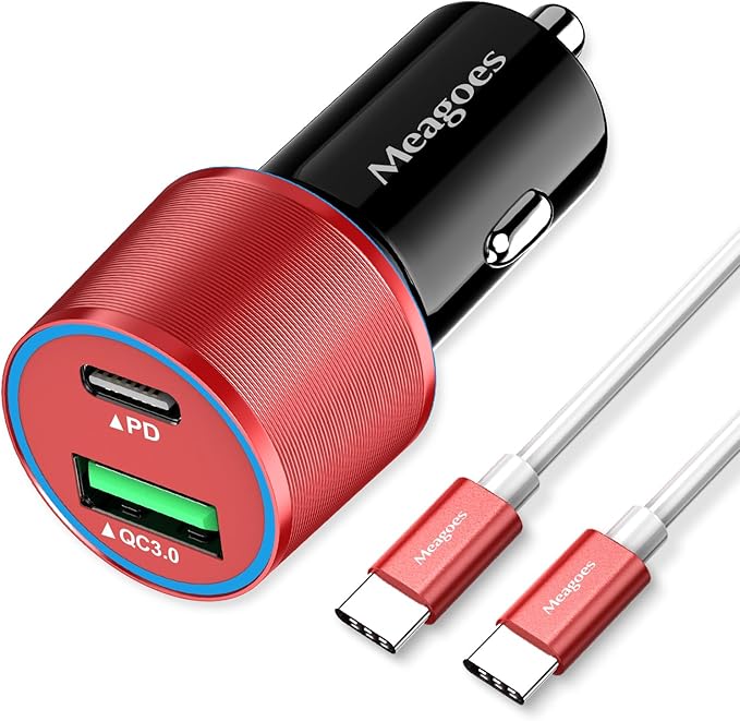 67.5W Red Car Charger USB C Super Fast Charging, 45W USBC&QC3.0 Port Plug for iPhone 17 Pro Max/Air/16/15/iPad, Samsung S26/S25 Android Cell Phone, Dual 12V Cigarette Lighter Adapter+3.3ft Type C Cord