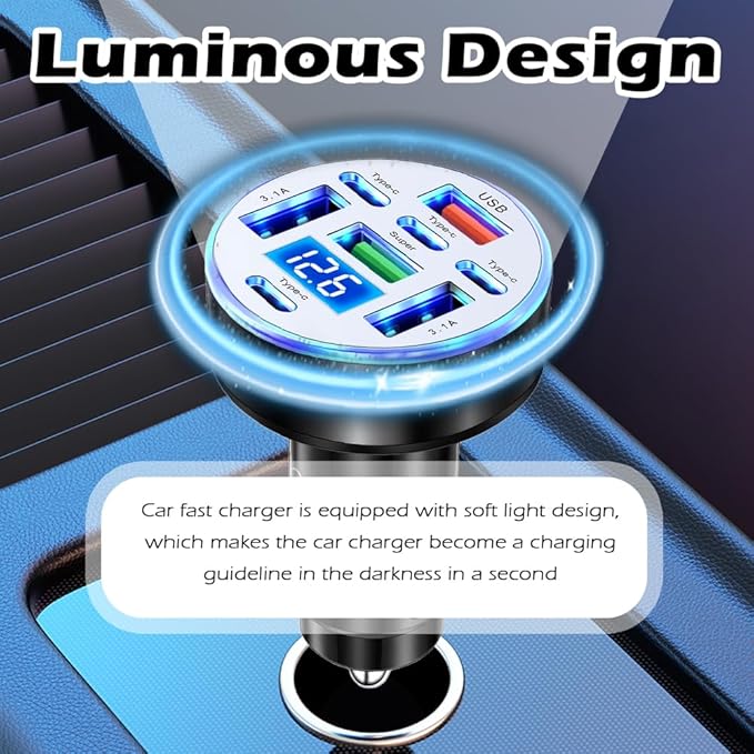 8 Port Type-C & USB Car Charger Adapter with 25W Fast Charging,12/24V Car Cigarette Lighter USB Charger with Voltage Display & Flexible Light,Upgraded Fast Cars Chargers