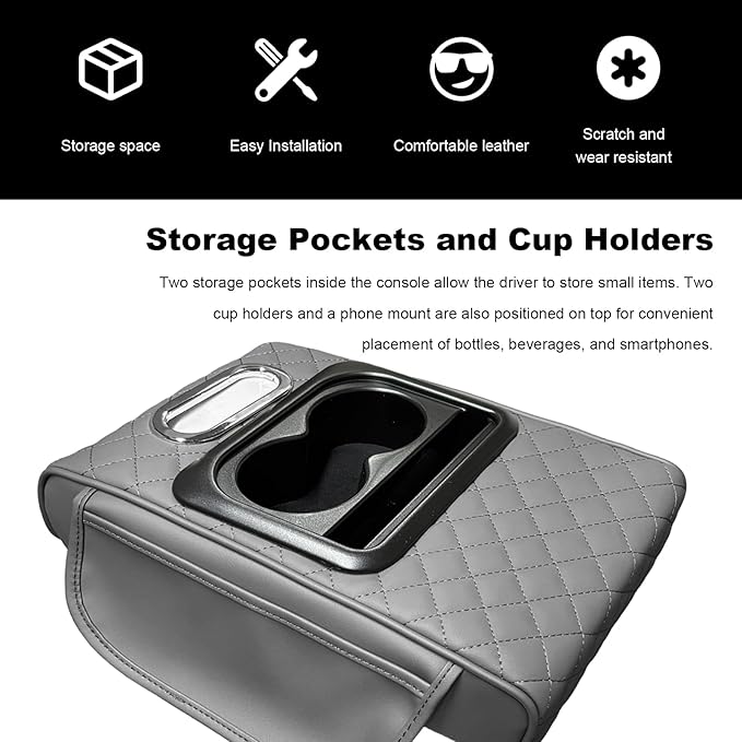 Car Center Console Armrest Pillow, Multifunctional Armrest Box Cover with Cup Phone Tissue Holder & Side Pockets, Waterproof Leather Middle Console Cushion for Most Vehicles (Gray, Embroidered)