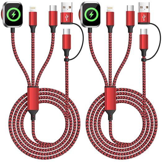 Travel Essentials 3in2 Multi Charging Cable for iPhone Watch Charger,USB A/C to Type C/IP/iWatch charger,Travel Chargers for Multiple Devices Compatible with iWatch Series&iPhone 16-12（2PACK,5FT）