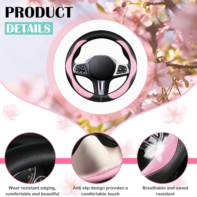 SuperKaKa Car Steering Wheel Cover 2025, Universal Auto PU Cute Breathable Slip-Proof Comfort Imitation Leather Protector Cars Interior Accessories for Women Men Fit Most Vehicle (Pink)