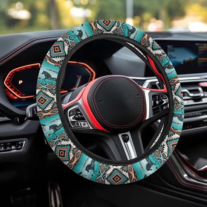 SEANATIVE Car Steering Wheel Protector Cover Aztec Horse Print Automotive Universal Steering Wheel Cover, Car Accessior, Easy to Disassemble