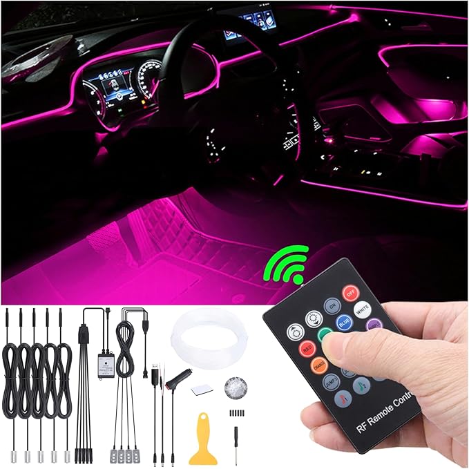 Car Interior Strip Lights, 5 in 1 Multicolor RGB Car Footwell Ambient Lighting Kit, 6m Fiber Optic EL Neon Tube Light, DIY Mode Music Sync RF Remote Control DC 12V