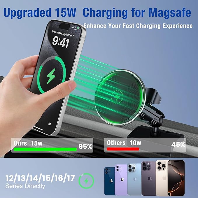 Car Charger Phone Mount for Toyota Tacoma 2016-2023, 3rd Gen Tacoma Dashboard Clip Cell Phone Cradles 360° Adjustable 20x Strong Magnet Phone Stand Cellphone Holder Fit for All Smartphones