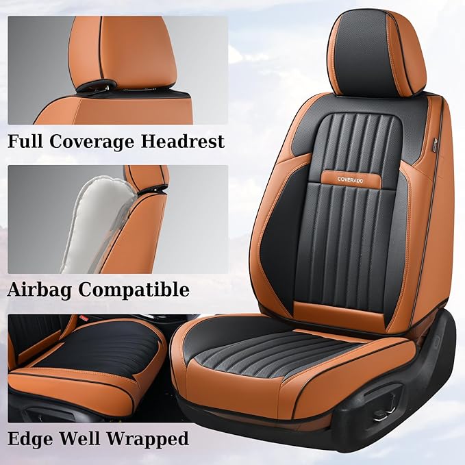 Coverado Car Seat Covers Full Set, Car Seat Protector Car Seat Cushion, Nappa Leather Seat Covers for Cars, Front and Back Seat Protectors Cushions Universal Fit for Most Cars Vehicles(Brown&Black)