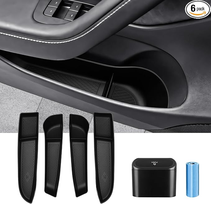 Canvcle Door Side Storage Box and Trash Can for 2024 2025 2026 Refresh Tesla Model 3 Highland Accessories Front Rear Door Insert Slot Storage Tray Organizer Protector Garbage Bin with Trash Bags 6PCS