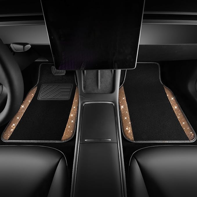 CAR PASS Bling Diamond Car Floor Mats, Shining Rhinestone Carpet Sparkly Glitter Crystal with Anti-Slip PVC Heel Pad Waterproof Universal Fit Automotive SUV,Sedan,Van,Cute Girl Women,4pcs Golden