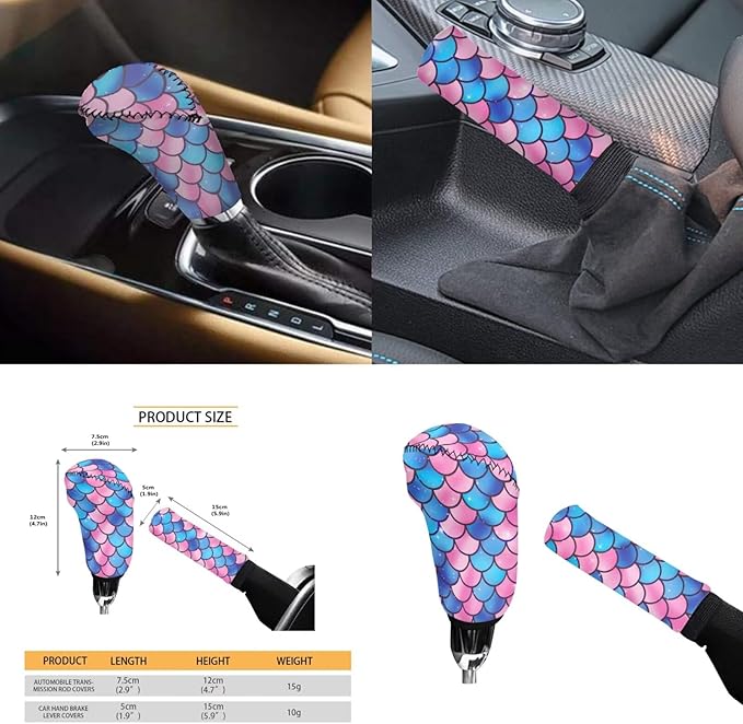 Pink Fish Scale Print Elastic Car Steering Wheel Protector for Men Women 6 Pcs Cup Coaster Handbrake Cover Fit Auto,Suvs,Truck