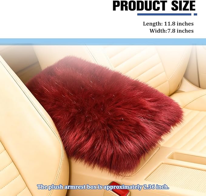 Car Center Console Cover, Fluffy Soft Vehicle Middle Console Arm Rest Cushion Pad, Furry Automotive Interior Armrest Seat Box Protector Decoration Accessories, Universal Fit (Wine Red)