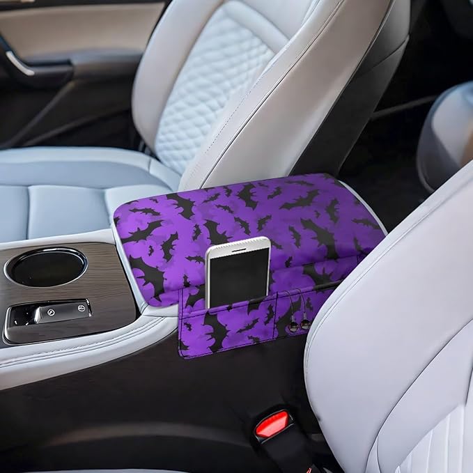 Tupalatus Halloween Bats Car Center Console Cover Car Interior Protection Accessories Armrest Cushion Cover Pad Non-Slip with 2 Storage Bags Universal Fit for Cars,Trucks & SUVs