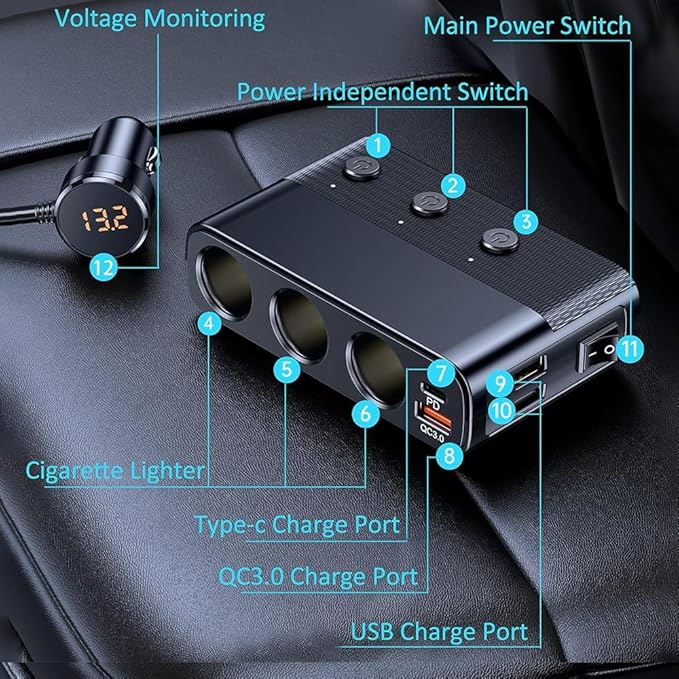 Cigarette Lighter Adapter with 3 Sockets, Car USB Charger Dual Port+QC 3.0+Type-C PD 30W, 12V/24V Cigarette Lighter Splitter with Independent Switches, LED Voltmeter, 66cm Cable