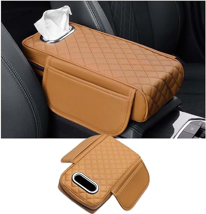 Car Center Console Armrest Pad for Lincoln, Leather Cover with Storage Pocket & Tissue Box Holder, Memory Foam Cushion for Aviator Standard SUV 2020-2025,Brown