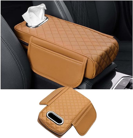 Car Center Console Armrest Pad for Lincoln, Leather Cover with Storage Pocket & Tissue Box Holder, Memory Foam Cushion for Aviator Standard SUV 2020-2025,Brown
