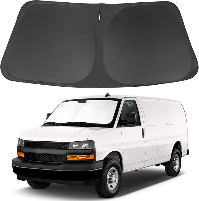 Windshield Sun Shade Compatible with 1996-2024 2025 2026 Chevrolet Express Cargo Van 1500, 3500, 4500, LS, LT Winter Accessories Foldable Sun Visor Protector Keeps Cool