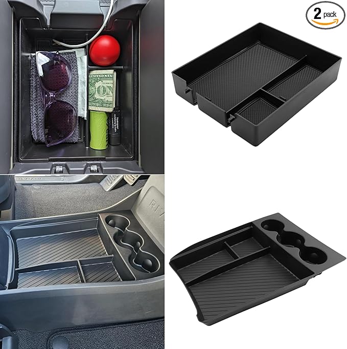 Lower Center Console Organizer Tray with Cup Holder/Armrest Organizer Storage Box Compatible with 2026 2025 2024 2023 2022 Rivian R1s R1t Interior Insert Accessories, Black - 2 Pack