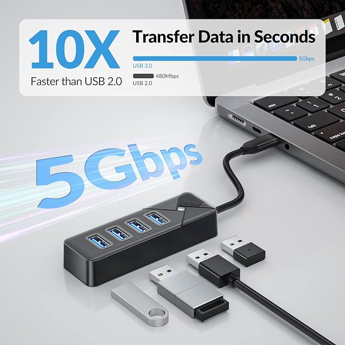 GiGimundo 4-Port USB C Hub for Laptop, USB C to USB Hub Multiport Adapter 5Gbps Transfer, USB C Splitter for Laptop, MacBook Pro/Air, iPad Pro, Dell, Chromebook, Keyboard, Mouse, HDD, Black