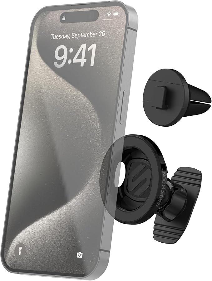 Scosche MagSafe Car Mount, Magnetic Phone Holder for Car Dashboard & Vent with 360° Rotation, 2-in-1 Cell Phone Mount for iPhone 17/16/15/14/13 & More w/MagicRing Adapter, Compatible with PopSockets