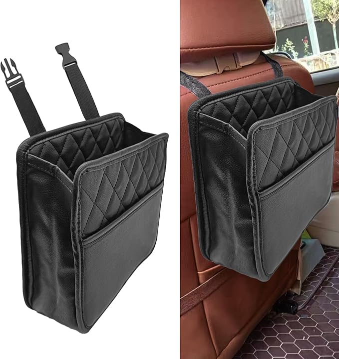 1Pack Car Seat Back Organizer, PU Leather Hanging Organizer, Multipurpose Storage Bag for Small Items, Waterproof Easy To Clean Car Accessories, for Car SUV Truck (Black)