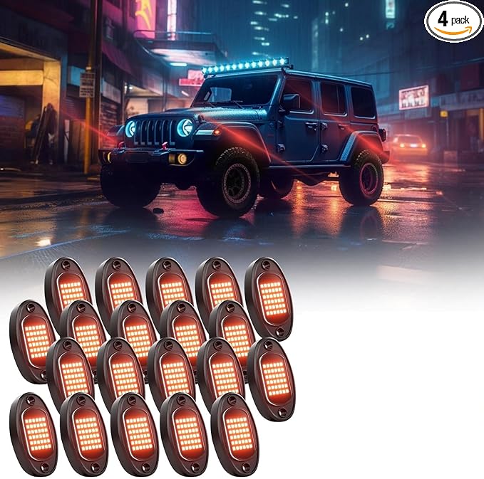 GSRECY Rock Lights Ultra Bright LED Neon Underglow Lights Waterproof for Trucks Pickup SUV UTV ATV RZR Car Boats Motorcycle (Red, 20 Pods+ 33ft Wire Harness)