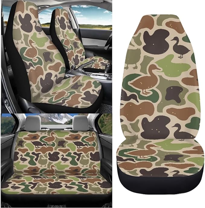 KEIAHUAN Car Seat Covers Front Seat Cover and Split Rear Bench Seat Covers Set of 4 Green Duck Camo Hunting Automotive Accessories Fits Most Truck SUV Vans