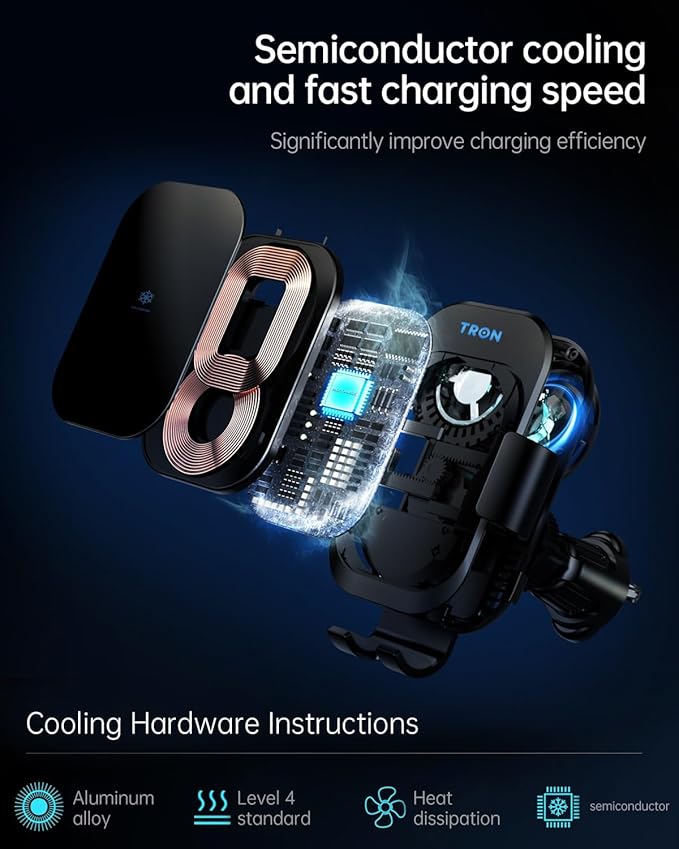 TRON Wireless Car Charger Mount, 15W Fast Charging, Auto-Clamping Dashboard/Windshield/Air Vent Phone Holder for iPhone, Android, not Compatible with Google Pixel