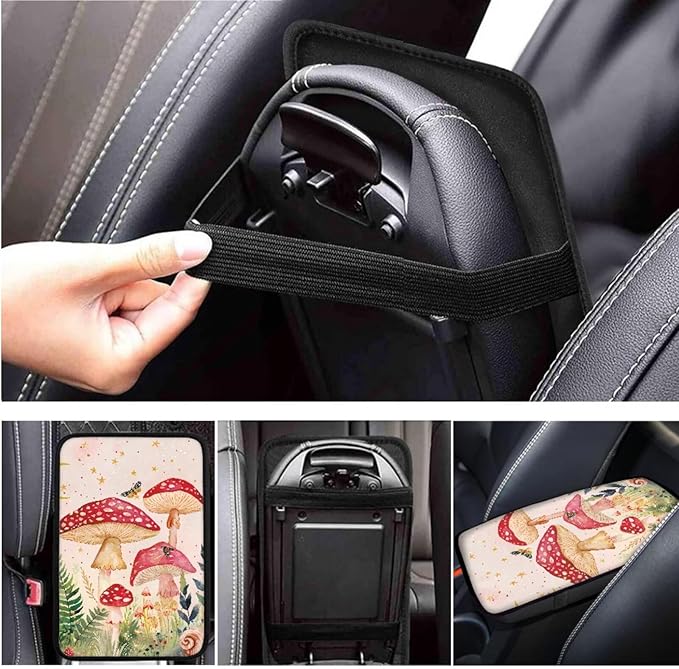 Red Mushroom Print Car Interior Accessories Cute Mushroom Car Steering Wheel Cover for Women Cup Coaster Handbrake Gear Cover Suit for Truck Vans SUV 6pcs