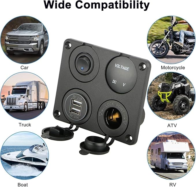 Linkstyle 4 in 1 Car Charger Panel, 4.2A Dual USB A Charger Port, Cigarette Lighter Socket with LED Voltmeter & Rocker Switch for 12V/24V Marine Boat RV Truck