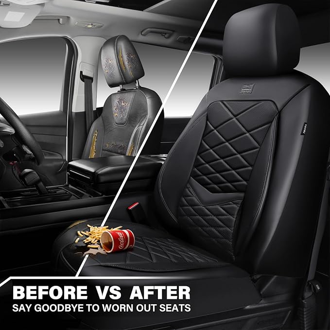 CAR PASS Luxury Nappa Leather Front Seat Covers, Waterproof 3D Foam Seat Covers with Lumbar Support, Breathable Auto Seat Cover Airbag Compatible Universal Fit for Sedan SUV Van Truck, All Black