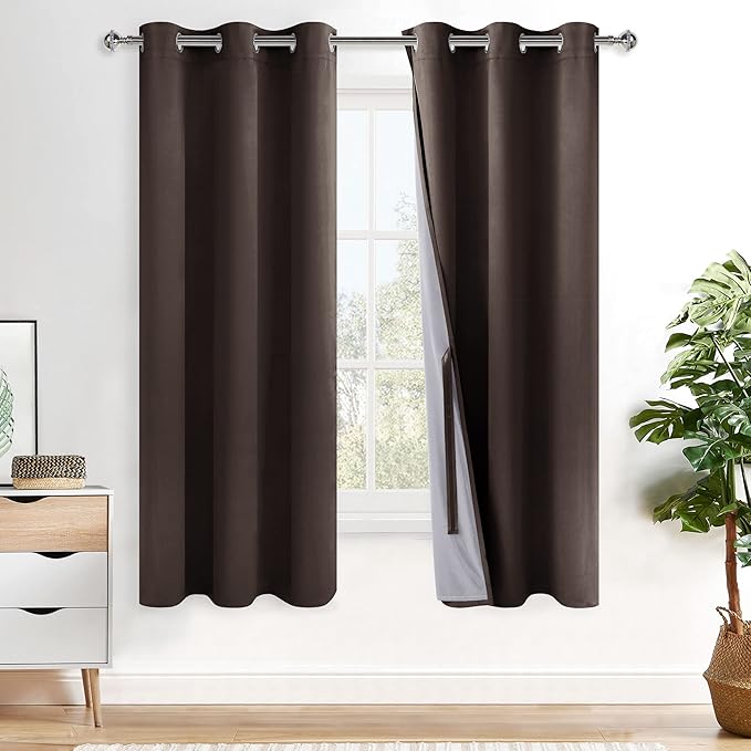 XWZO 100% Blackout Window Curtains - Thermal Insulated & Completely Room Darkening Black Liner Window Treatment with Tiebacks for Bedroom/Living Room, Brown, W38 x L63, Set of 2 Panels