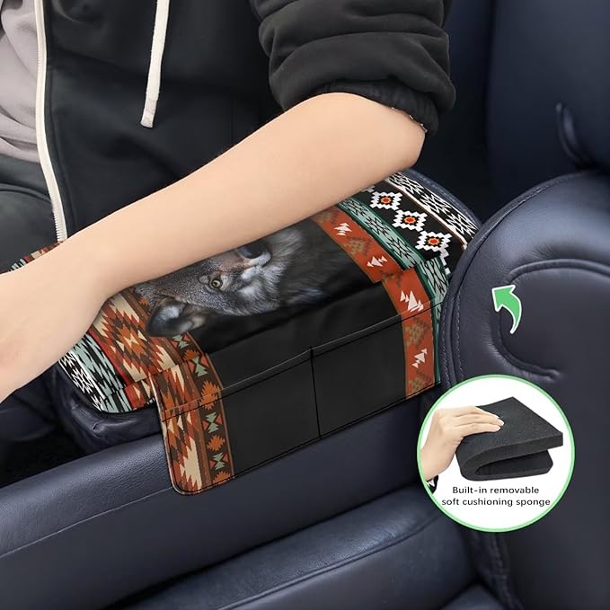Wanyint Aztec Wolf Black Car Center Console Cover Scratch Resistant Armrest Seat Box Cover with Organizer Pockets Console Lid Protector Cushion Fit for Most Cars Vehicles SUVs