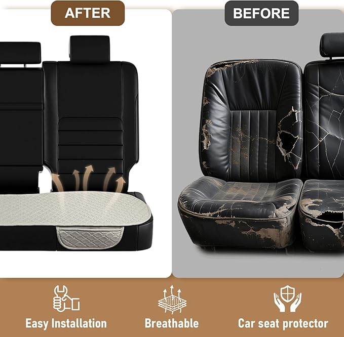 3 PCS Linen Car Seat Covers with Storage Pocket, Back Seat Covers Protectors with Non-Slip, Breathable Bench Seat Covers Universal Fit for SUVs, Cars, Trucks (Beige)