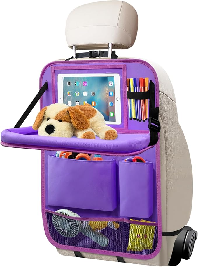 Car Backseat Organizer with Tray, Seat Back Table Holder with 6 Storage Pockets, Car Seat Back Protectors Kick Mats Travel Accessories, 1 Pc Purple