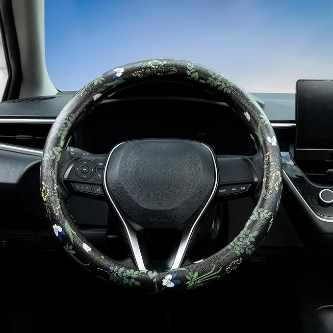 Boho Floral Steering Wheel Cover Auto Leather Steering Wheel Protector, Anti-Slip, Breathable, Absorbing Sweat, Universal Floral Car Accessories 14.5–15 inch,Fit for Most Car, Trucks, SUV