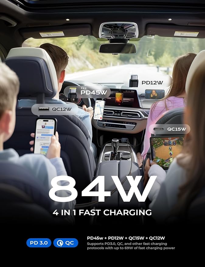 LISEN Retractable Car Charger, Dual USB C Retractable Cable Fast Car Adapter [84W Total] Travel Essential Car Accessories for Men Women, for iPhone 17 16 15 Pro Max, Samsung S26 S25 S24, Pixel, iPad