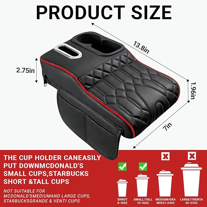 Upgraded Car Center Console Cover,PU Leather Car Armrest Cover Cushion Contains High Elasticity Sponge with 2 Storage Bags Tissue Box (Black RED-B)