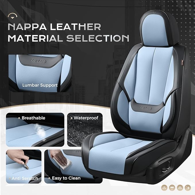 Coverado Seat Covers, Car Seat Covers Front Seats, Leather Seat Covers for Cars, Car Seat Protector Waterproof, Black Car Seat Cushion, Front Carseat Cover Universal Fit for Most Cars Lightblue