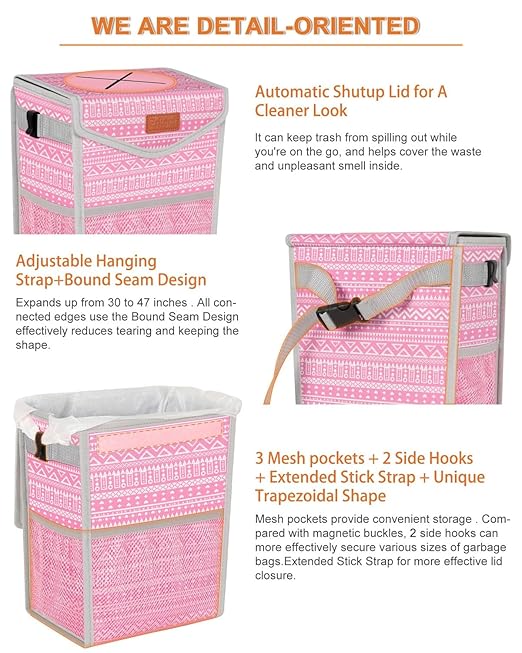 Pritent Car Trash Can with Lid, Cute Leakproof Car Trash Garbage Bag Hanging Vehicle Trash Bin Small Portable Automotive Garbage Cans Organizer for Back/Front Seat/Console(2.8 Gallons,Pink Print)