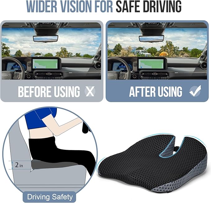 Car Seat Cushion – Memory Foam Car Booster Seat Cushion for Adults – Wedge Design for Driving Height & Comfort – Breathable Mesh Seat Pad for Car Seats with Adjustable Straps