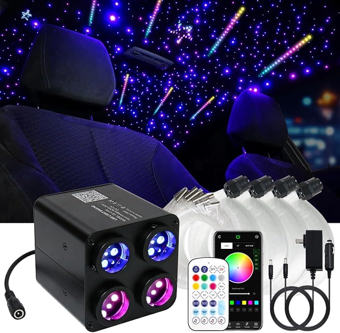 AKEPO 36W 4 Color Twinkle Fiber Optic Starlights Headliner Lights Kit, Optical Fibers Music Sync Bluetooth APP Control Starlight Kit, 600pcs*13.1ft + 240pcs Colorful Shooting Star