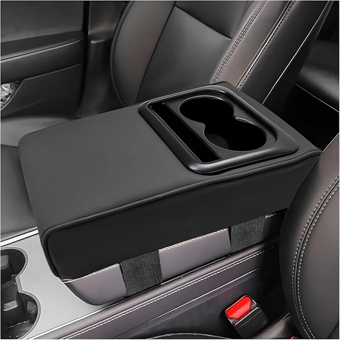 Car Center Console Armrest Pillow, Leather Auto Arm Rest Cover Protector with Cup Holder and Phone Holder, Memory Foam Armrest Cushion for Most Vehicles (Black, Glossy)