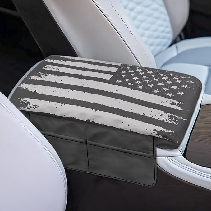 Tupalatus Gray American Flag Car Console Cover Car Accessories Interior Cars Center Console Armrest Cover with Storage Pockets Easy Installation Universal Fit Cars,Vans,SUV,Truck
