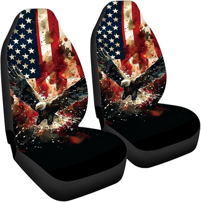 ELEQIN Car Front Seat Covers, Eagle US Flag Print 2 Pack Polyester Automotive Seat ProtectorsSoft & Breathable, Vehicle Interior Accessories for Most Cars
