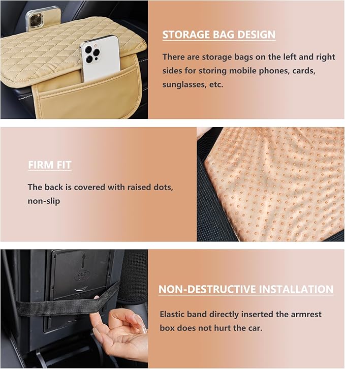 Car Center Console Cover,Microfiber Leather Car Armrest Cover Cushion with Storage Bags, Universal Car Armrest Storage Box Car Interior Accessories for Most Vehicles, Beige