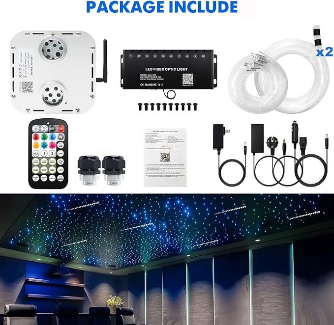 AMKI Dual Color 32W Twinkle 2300pcs 0.03in 16.4ft Fiber Optic Lights Starlight Headliner Kit,Pure White Meteor Shooting Star 200pc Fiber,Sound Mode Starlight Box for Car Movie Theater Home Ceiling