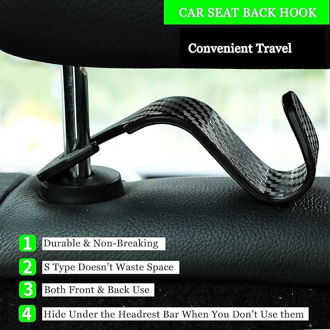 KOOPAO 4 Pack S Type Car Seat Headrest Hook Universal Car Storage Headrest Hanger Holder Hooks, Vehicle Strong and Durable Backseat Hanger for Handbag Purse Coat and Bag