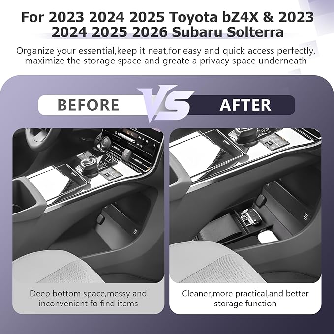 LUWU Lower Console Organizer Compatible with 2023 2024 2025 Toyota bZ4X & 2023 2024 2025 Subaru Solterra Accessories Armrest Console Secondary Storage Box Insert Tray Silicon Material Black